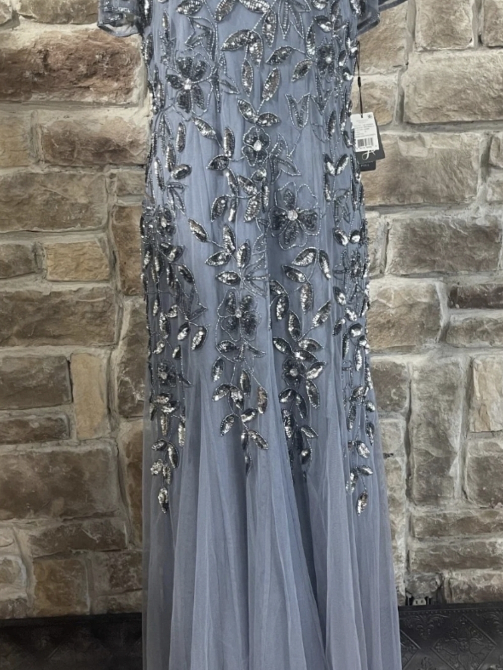 Adrianna Papell Silver Blue Embellished Tulle Evening Gown